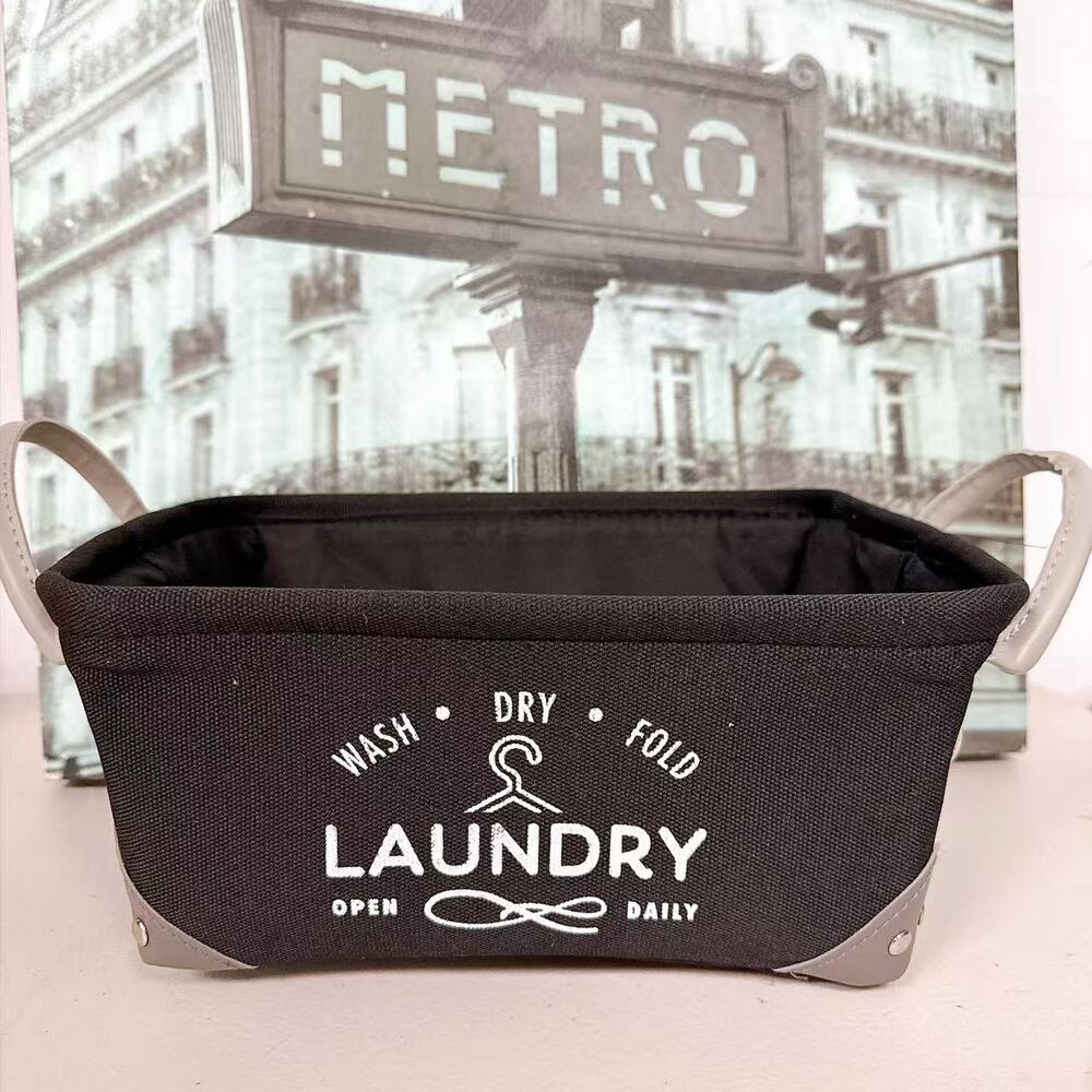 Fabric Laundry Storage Basket Leather Handles Desktop Organizer Bin
